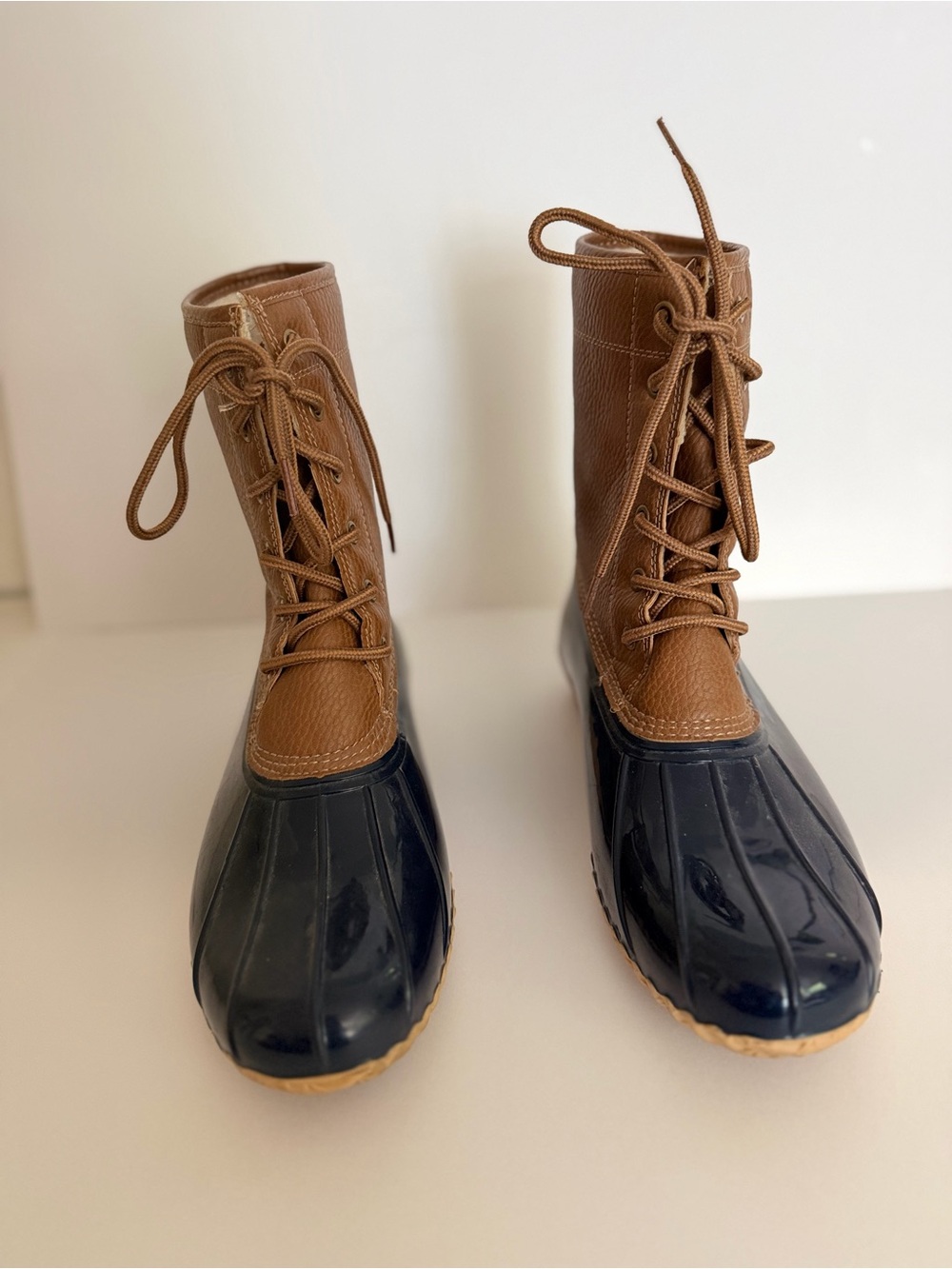 JBU Brown Leather and Black Rubber Lace-Up Duck Boots